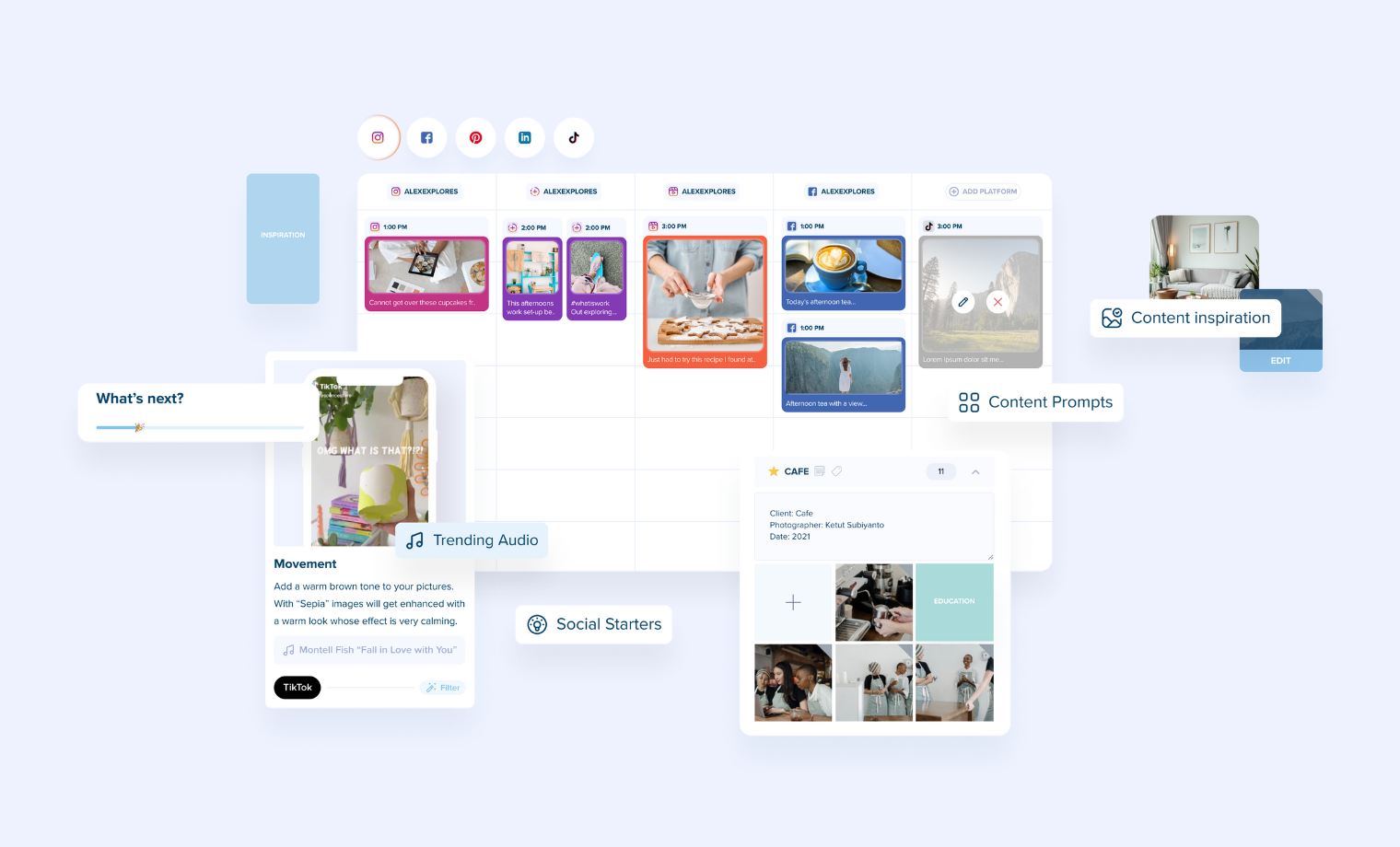 A digital content planning dashboard with a calendar displaying various social media posts, content prompts, trending audio, and social starters, featuring colorful cards, images, and text for efficient organization and scheduling | plannthat.com