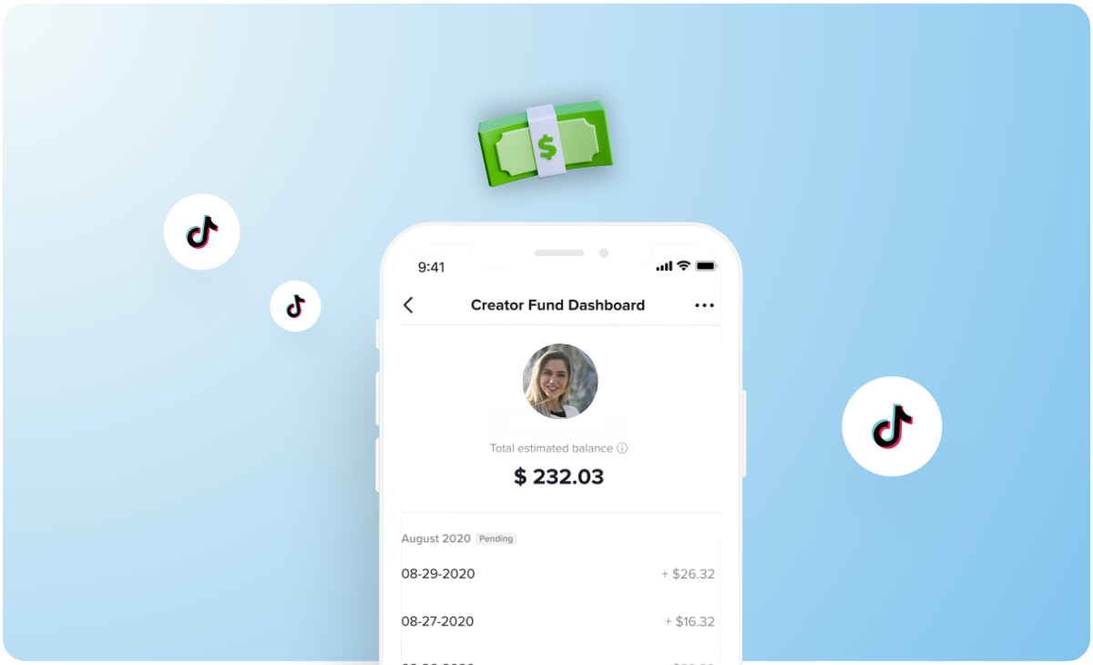 TikTok Creator Fund Dashboard displayed on a smartphone screen, showing an estimated balance of $232.03, with TikTok logos and a stack of dollar bills in the background, highlighting the potential earnings for a social media planner | plannthat.com