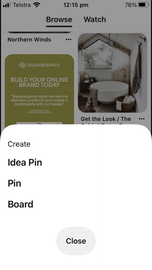 Step 2: Next, click the + icon at the bottom of your screen, and select idea pin from the drop-down menu.