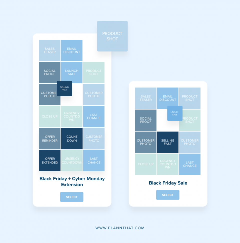 Two promotional content calendars for Black Friday and Cyber Monday sales, featuring blocks for various marketing strategies like product shots, customer photos, and urgency countdowns. Each calendar includes a "Select" button at the bottom, ideal for use with a social media planner | plannthat.com