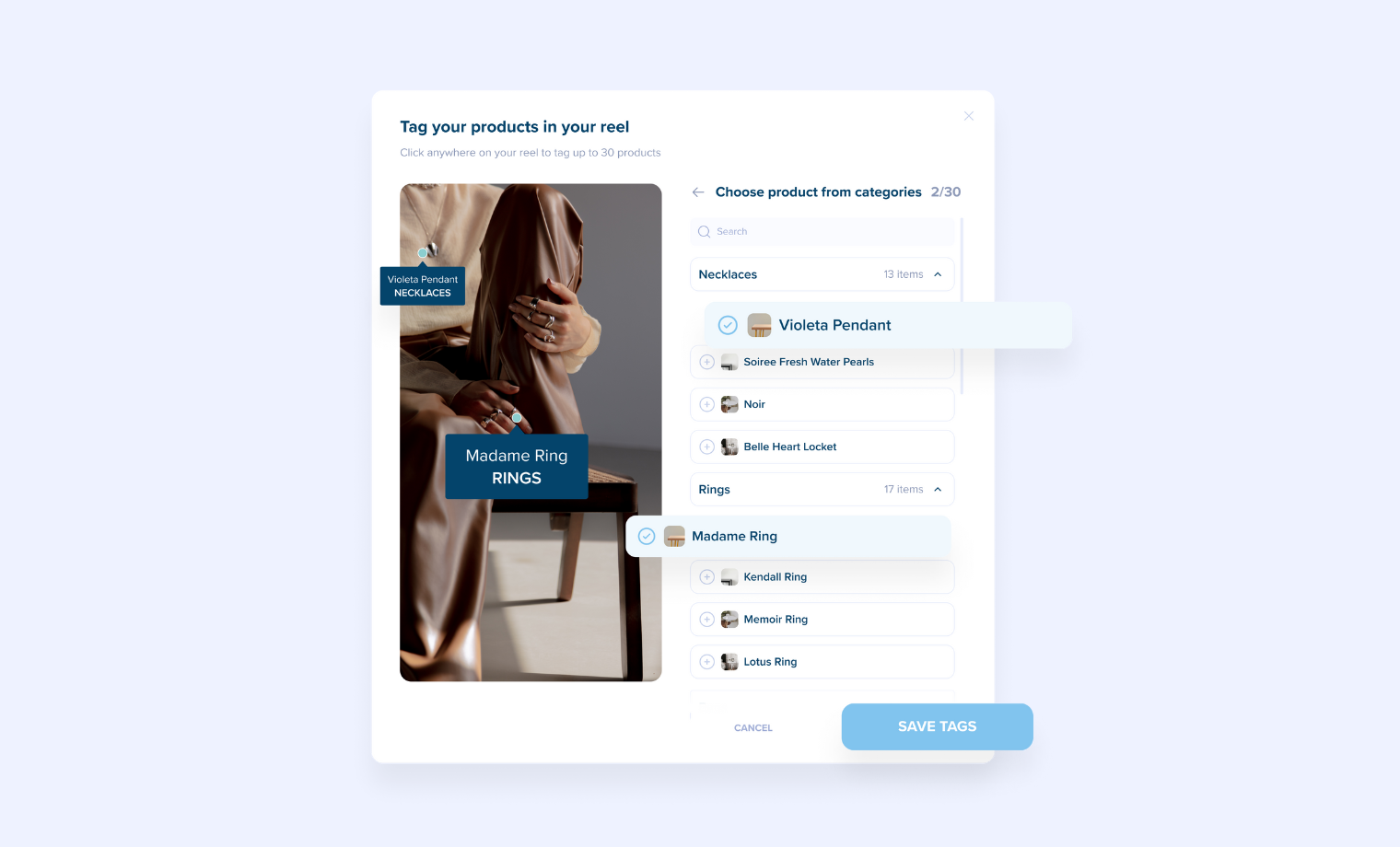 Interface for tagging products in a post, displaying a living room with tags for watercolor prints and a real wood table. Product tagging options are visible on the right, enhancing the social media scheduler experience | plannthat.com