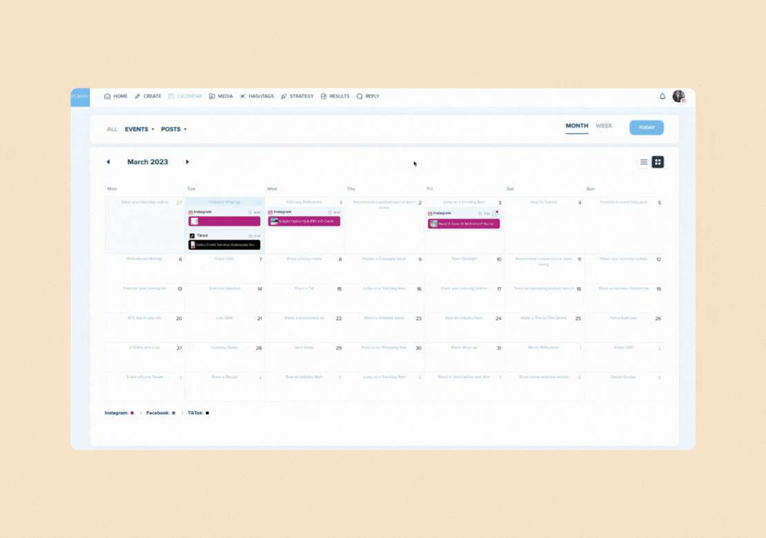 Animated image of a digital content calendar for March 2023, displaying scheduled posts and events. The interface includes tabs for different views and platforms, with color-coded entries for easy organization and planning, ideal for a social media scheduler. | plannthat.com