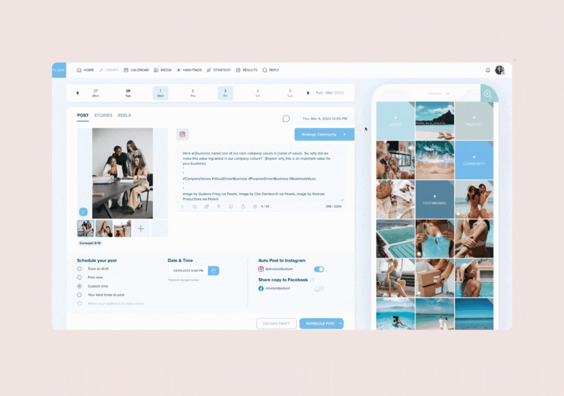 A GIF showing a social media scheduler interface with options to schedule posts, auto-post to Instagram, and share to Facebook. The screen displays a calendar, post editor, and a mobile preview of a social media feed. | plannthat.com