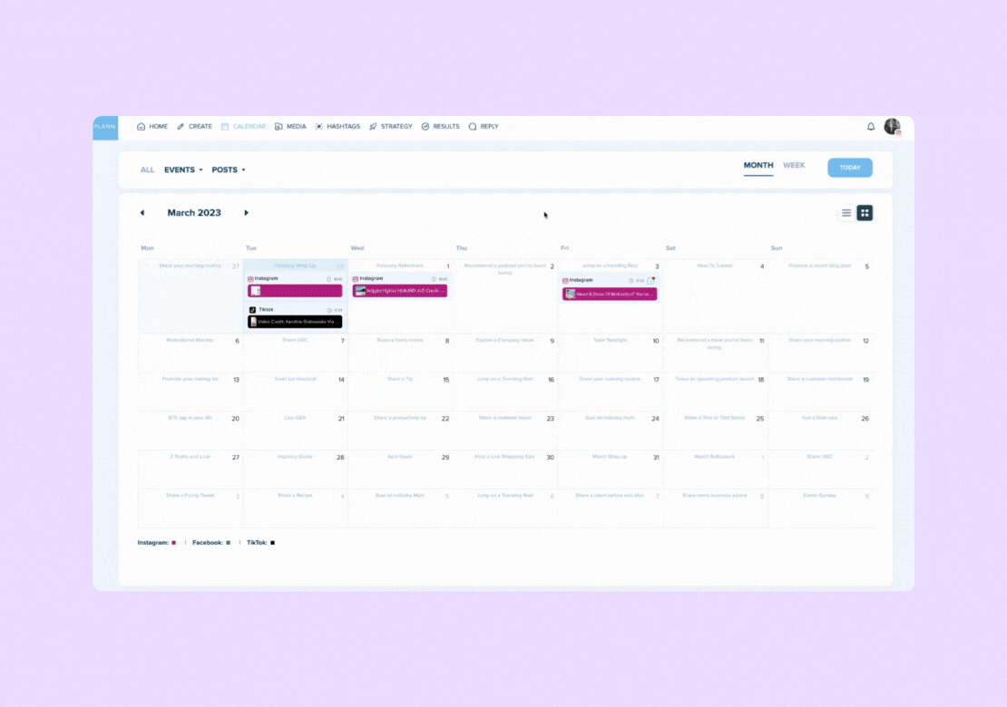 A digital content calendar displayed on a computer screen, showing scheduled social media posts for March 2023. The interface includes tabs for different views and platforms, with some posts highlighted in pink. The background is light purple. | plannthat.com