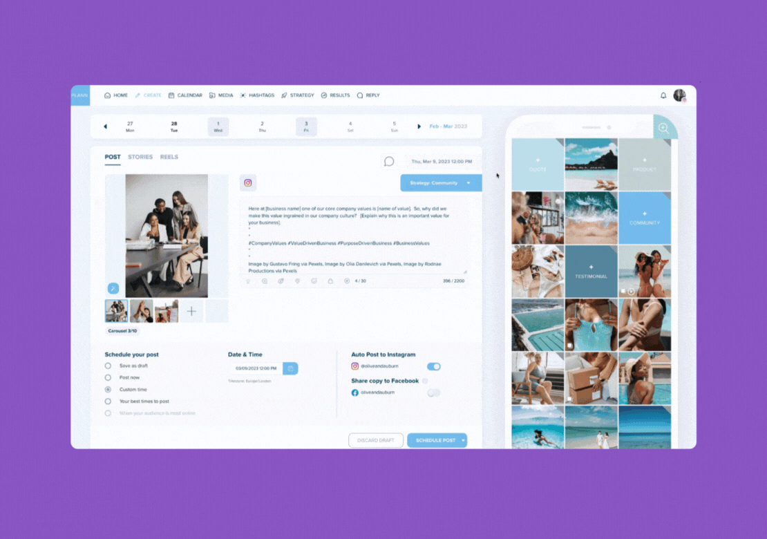 A digital marketing dashboard displays social media scheduling tools, including a calendar, post preview, and cross-posting options. The interface shows a desktop and mobile view, with images and text fields for creating and managing social media content efficiently. | plannthat.com