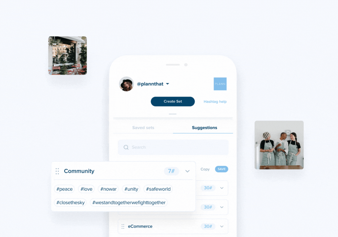 Mobile app interface for creating hashtag sets with community suggestions like #peace and #love, featuring user profiles and images of people and a café in the background | Social media planner | plannthat.com