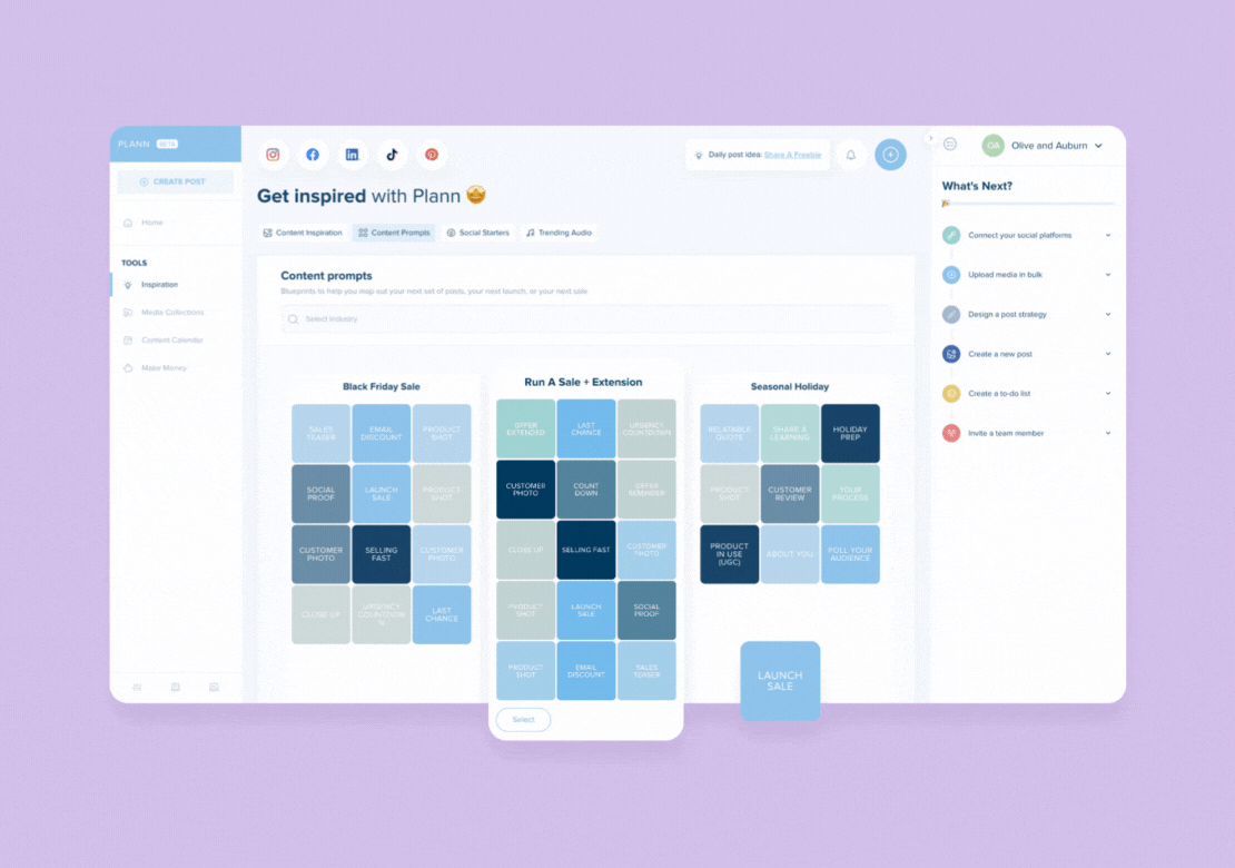 A content planning tool interface from Plann, showcasing content prompts for Black Friday, sales extensions, and seasonal holidays, with a sidebar for tools and a "What's Next?" checklist | Social media scheduler | plannthat.com