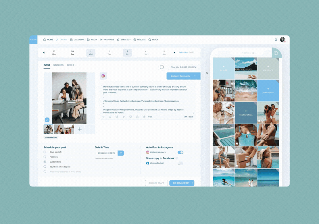 A GIF showing a social media scheduler interface with options for scheduling posts, cross-posting to Instagram and Facebook, and a content calendar. The screen displays a post editor and a media library with various images. | plannthat.com
