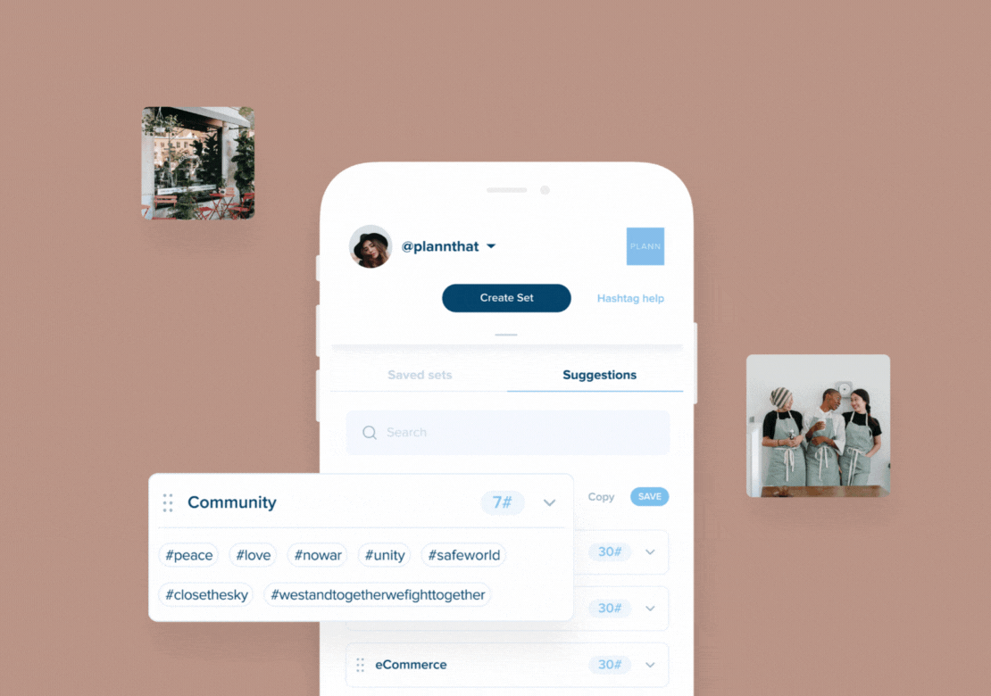 Smartphone screen displaying social media app interface for creating and saving hashtag sets with community and eCommerce suggestions, featuring small images of people and a café in the background | plannthat.com