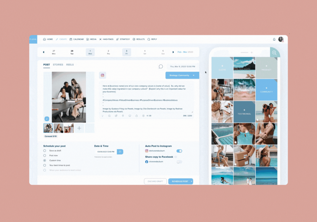 Animated image of a social media management tool interface, showcasing post scheduling, content calendar, and media library features on a soft pink background, with options for managing and editing social media posts on desktop and mobile | plannthat.com