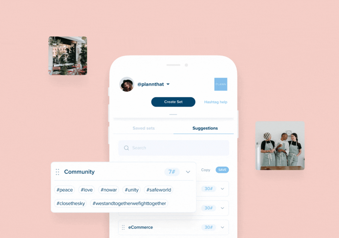 A mobile screen displaying a social media app with hashtag suggestions for community-related topics, set against a pink background with two small image thumbnails on either side of the phone, showcasing a social media scheduler feature | plannthat.com
