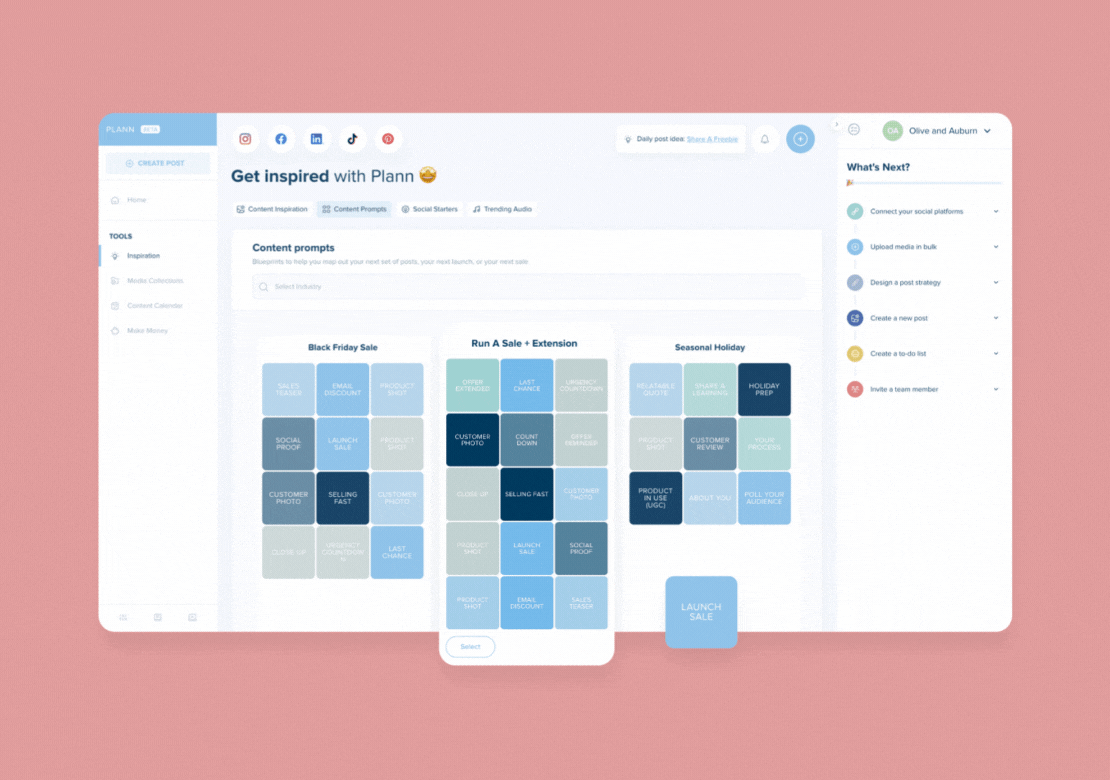 A screenshot of Plann's "Get inspired with Plann" feature, showcasing content prompts for social media posts. Categories include Black Friday Sale, Run A Sale + Extension, and Seasonal Holiday, with various content ideas. This social media planner helps users generate engaging content. | plannthat.com