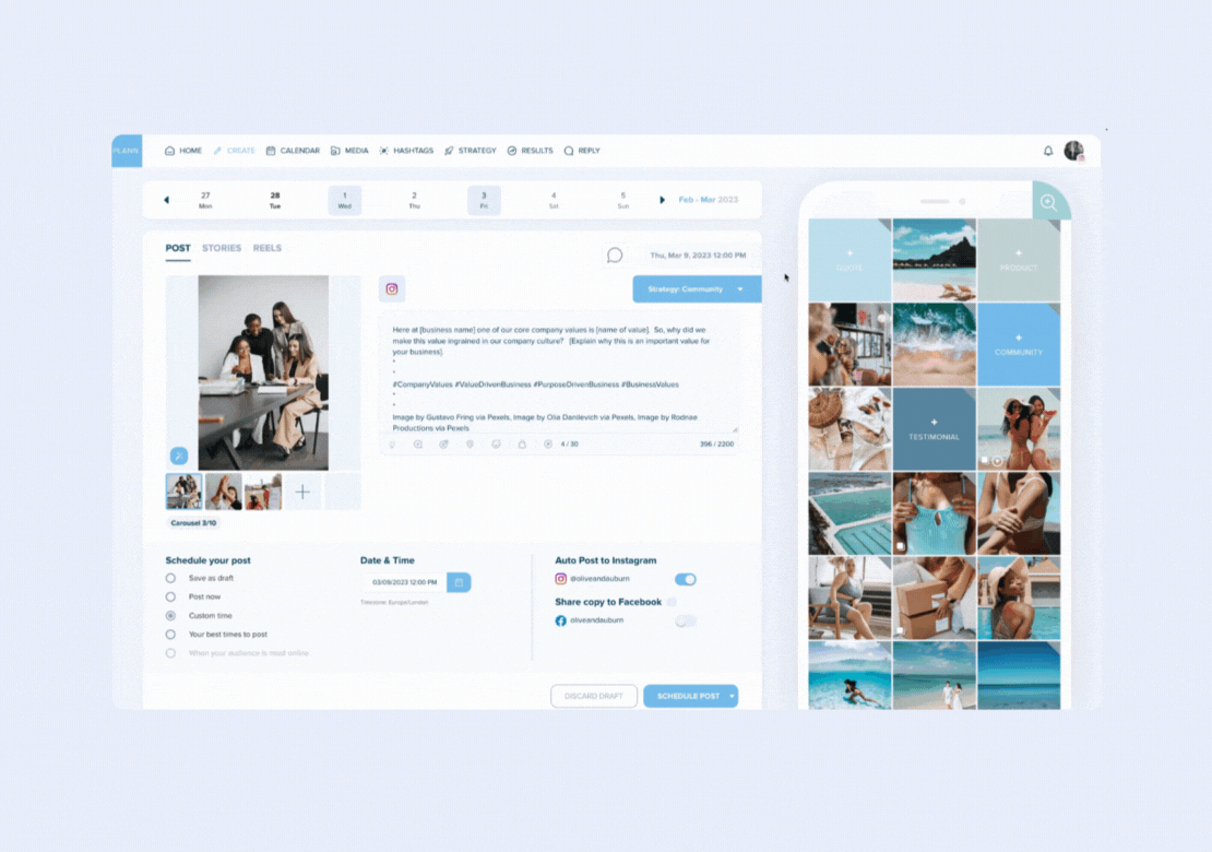 Interface of a social media scheduler showing features for scheduling posts, writing captions, and selecting images, with a calendar, post preview, and mobile view displaying a grid layout of photos | plannthat.com
