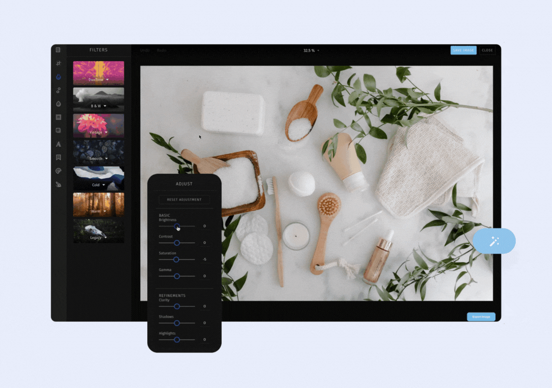A content creator's editing suite displays a photo editing interface with various tools and adjustments. The main image features spa items like brushes, soap, and leaves. The sidebar shows filter options, and an adjustment panel is in the foreground, ideal for a social media scheduler. | plannthat.com