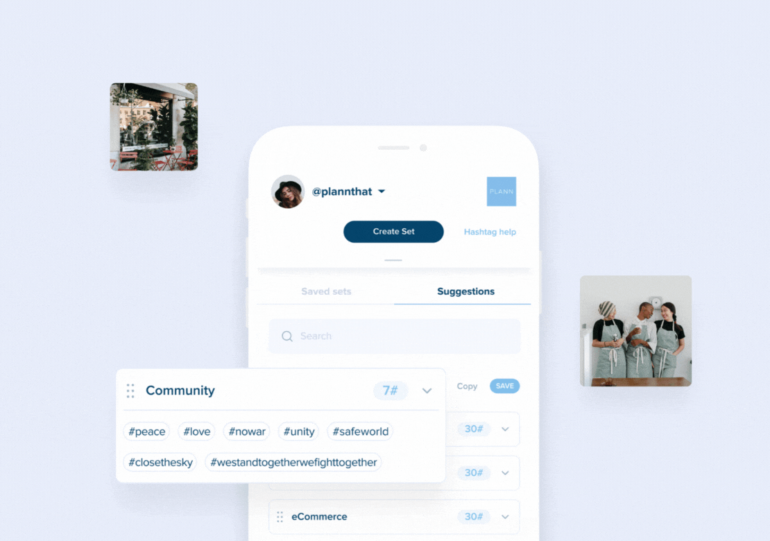 A mobile app interface displays a content creator's profile, hashtag suggestions, and saved sets, featuring community-related hashtags like #peace and #unity. Two small images of people are visible in the background, enhancing the visual context, showcasing the Social media scheduler feature. | plannthat.com