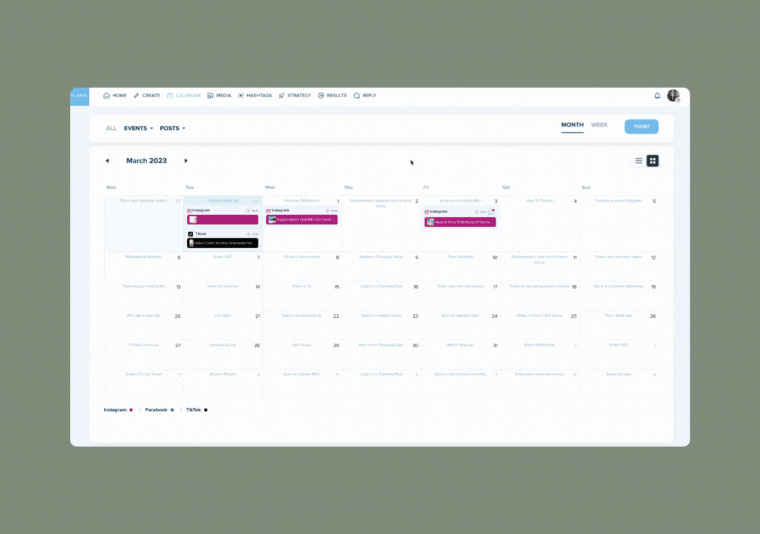 Animated GIF showing a content calendar interface for social media planning, displaying scheduled posts for March 2023 with options to filter by platform and view by month or week. The interface includes tabs for events, posts, and various social media platforms, highlighting the features of a social media scheduler. | plannthat.com