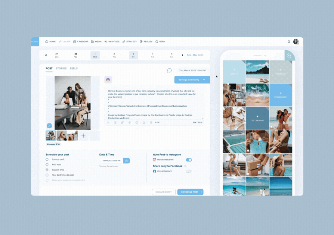 A digital interface displaying a social media scheduler with options for scheduling posts, cross-posting to Instagram and Facebook, and a content calendar. A smartphone screen shows a grid of images, highlighting the tool's mobile compatibility. | plannthat.com