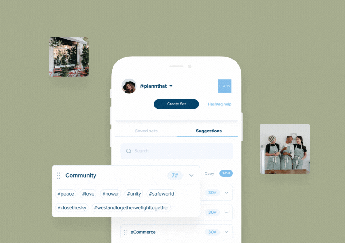 A smartphone screen displaying a social media app with hashtag suggestions under the "Community" category, including #peace, #love, and #unity. Two surrounding images show people and a storefront | Social media scheduler | plannthat.com