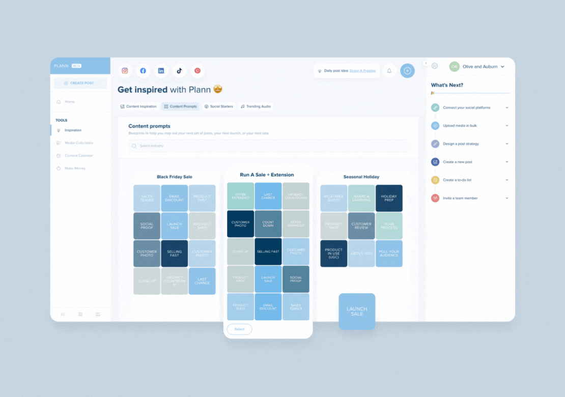 A digital planner interface displaying a content calendar with prompts for Black Friday, sales, and seasonal holidays, featuring tools, a "What's Next?" section, and a "Get inspired with Plann" header on a light blue background, ideal for use as a social media scheduler. | plannthat.com