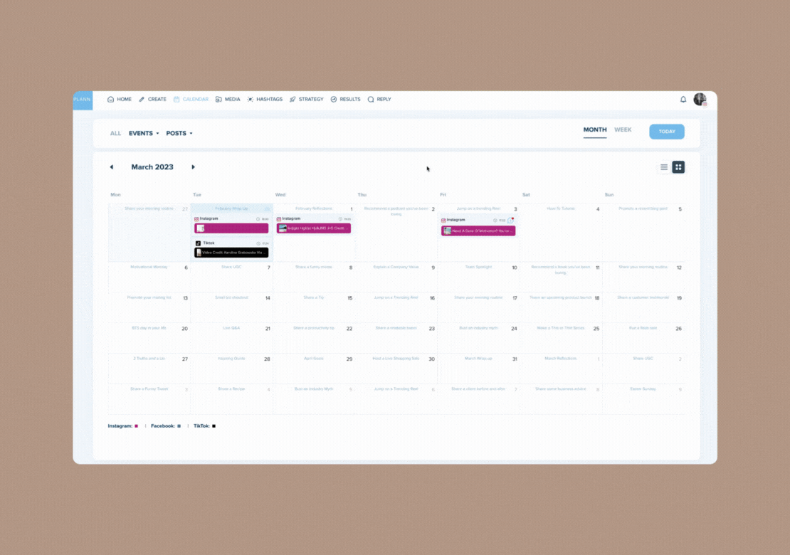 A digital content calendar for March 2023, displaying scheduled social media posts for Instagram, Facebook, and TikTok with tasks and events organized by date, enhancing your social media planner | plannthat.com