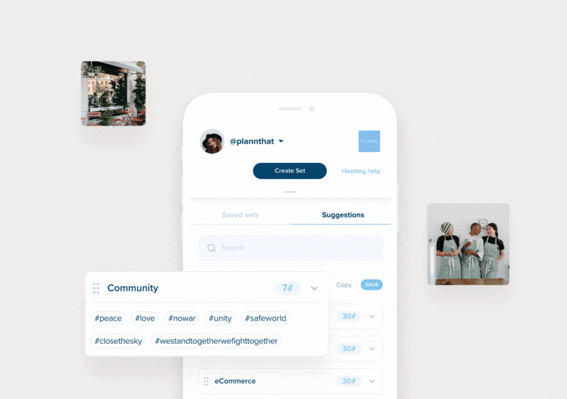 Mobile interface displaying a hashtag suggestion tool with categories like Community and eCommerce, featuring tags such as #peace, #love, and #unity. Two small images of people are shown in the background, enhancing the social media scheduler experience. | plannthat.com