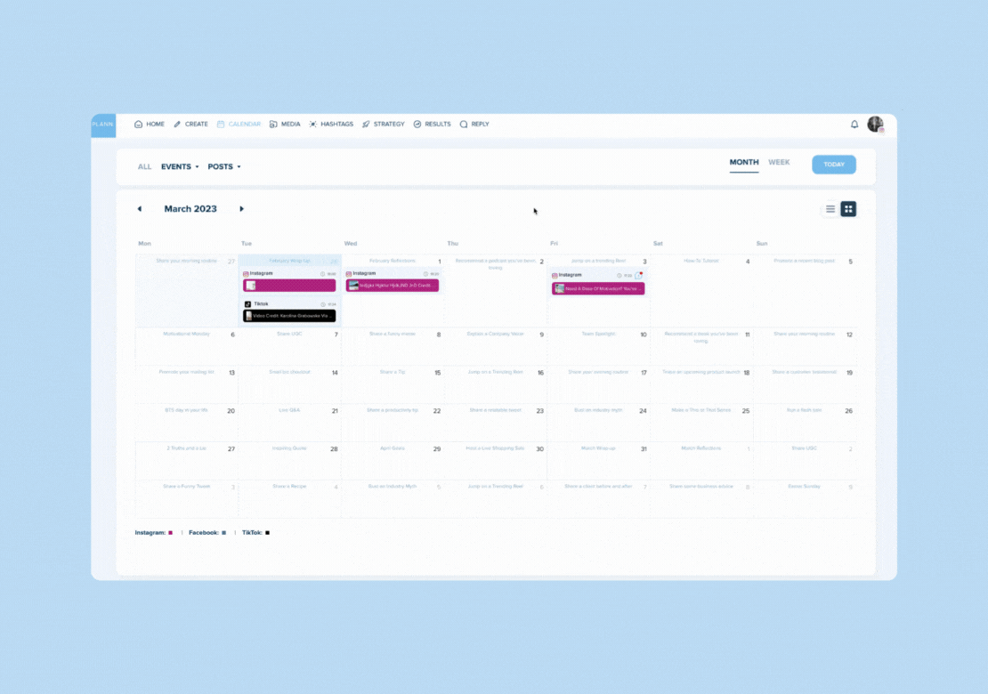 Animated GIF of a digital calendar interface for scheduling real estate content, displaying various posts and events for March 2023 with color-coded entries and options for different social media platforms on a light blue background | plannthat.com