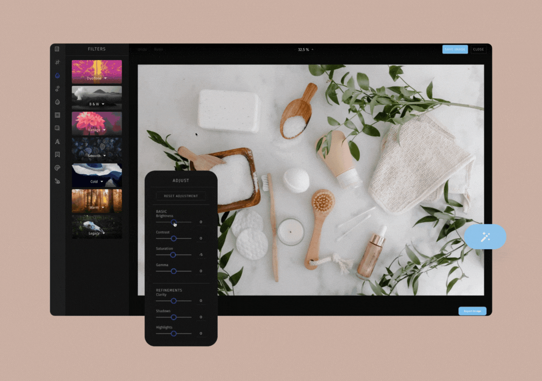 Image editing software interface displaying a flat lay of skincare items and greenery, with filter options in the left sidebar and an "Adjust" window showing sliders for brightness and contrast, ideal for use with a social media scheduler | plannthat.com
