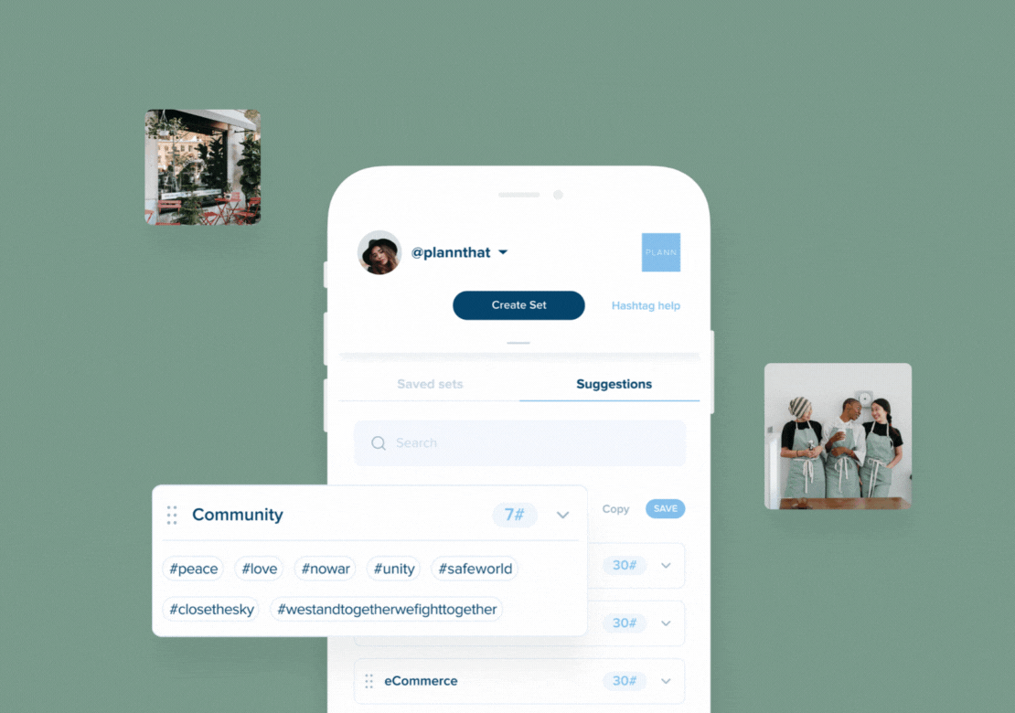 A mobile phone screen displays a social media app with community-related hashtag suggestions against a green background, featuring small images of a house and people | Social media planner | plannthat.com