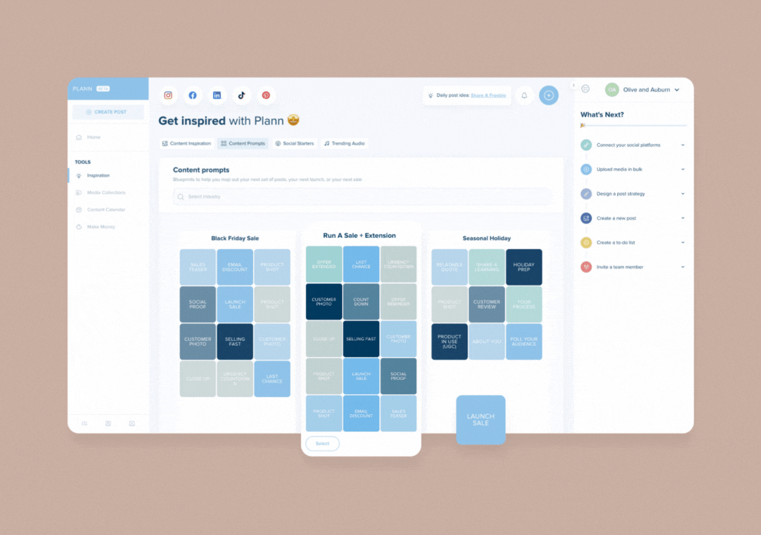 Animated GIF showing a digital content planning tool interface with various content prompts for categories like Black Friday Sale, Run a Sale & Extension, and Seasonal Holiday. The interface includes navigation menus and a "What's Next?" section, ideal for a social media planner. | plannthat.com