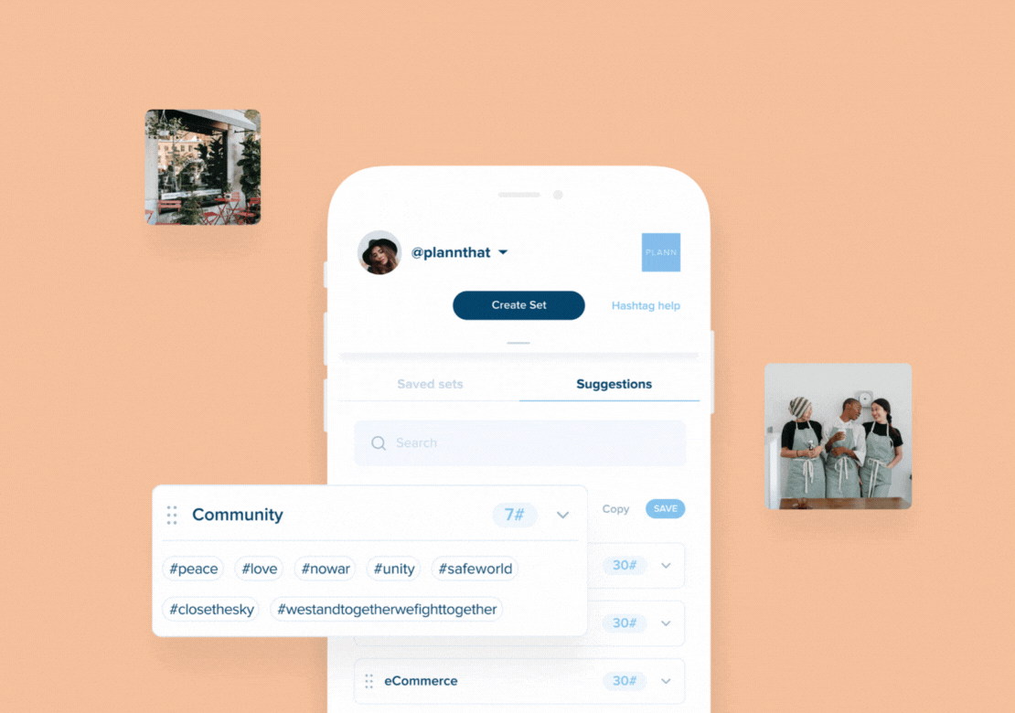 Mobile app interface on peach background displaying hashtag suggestions for community and eCommerce, with small images of people and a restaurant, focusing on creating and saving hashtag sets for social media posts | plannthat.com