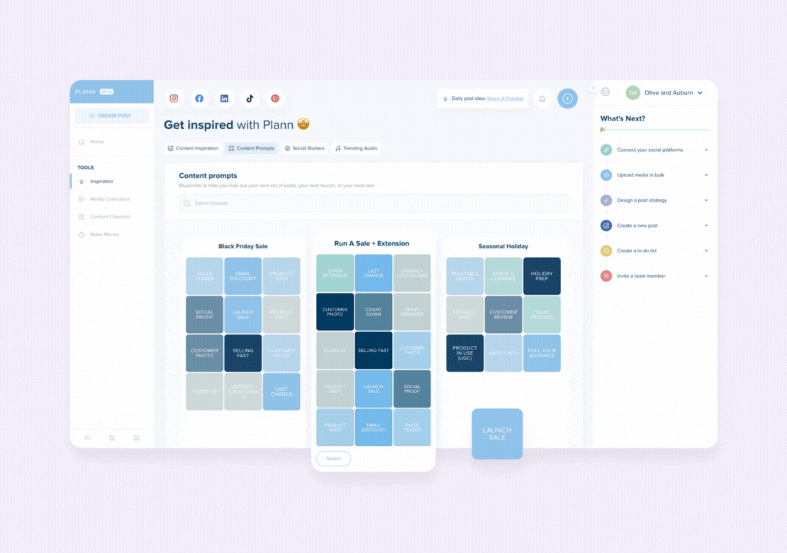 A digital dashboard displaying a content planning tool with various prompts for sales and seasonal holidays, featuring sections for content inspiration, scheduling, and next steps to help users organize and strategize their social media posts using a social media planner. | plannthat.com
