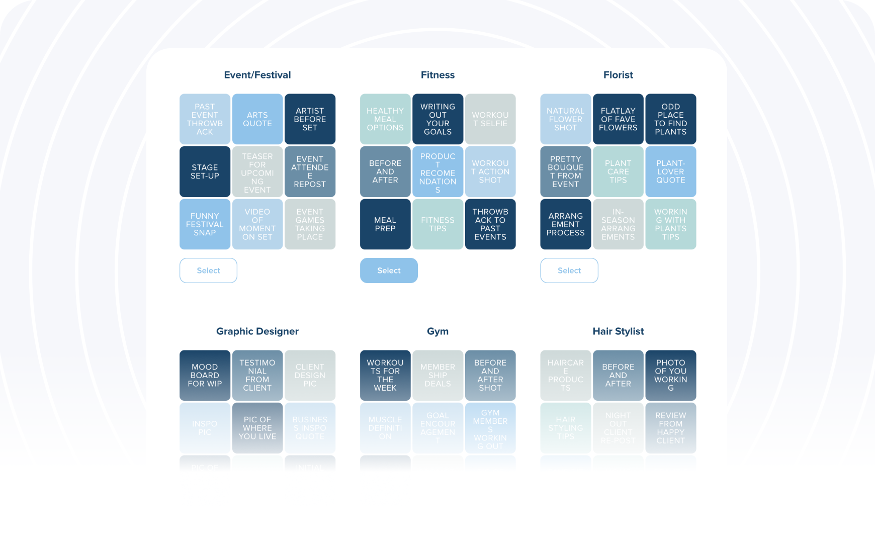 Categorized content calendar with sections for Event/Festival, Fitness, Florist, Graphic Designer, Gym, and Hair Stylist, featuring content ideas like quotes, tips, and before/after photos in colored boxes, ideal for a social media planner | plannthat.com