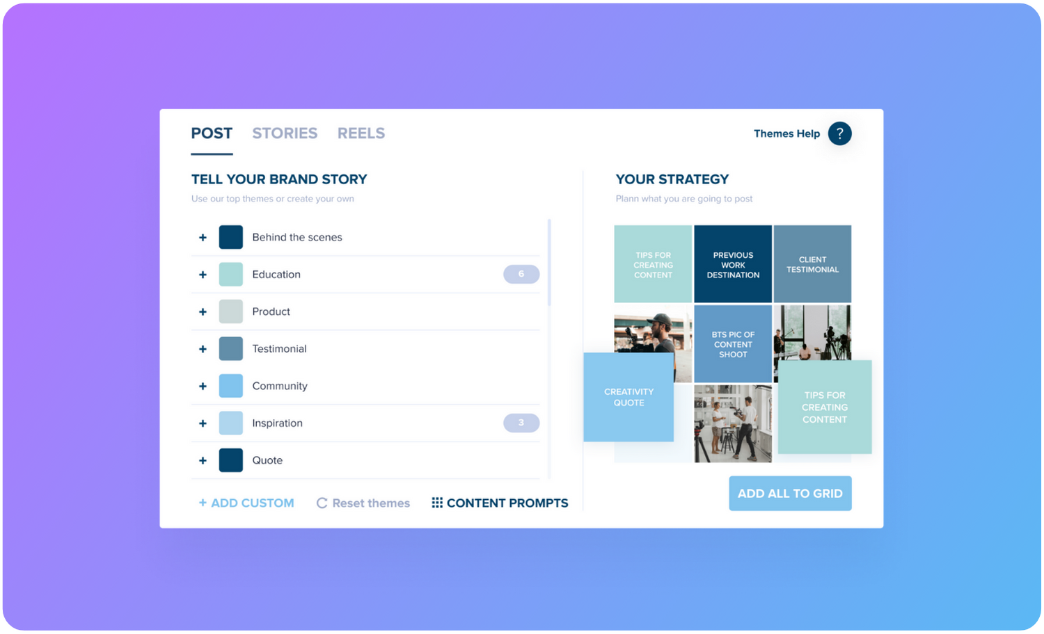 Content planning interface with options for posts, stories, and reels. Left panel includes themes like education, product, and testimonial. Right panel shows content strategy with tiles for tips, testimonials, and behind-the-scenes images. | Social media scheduler | plannthat.com