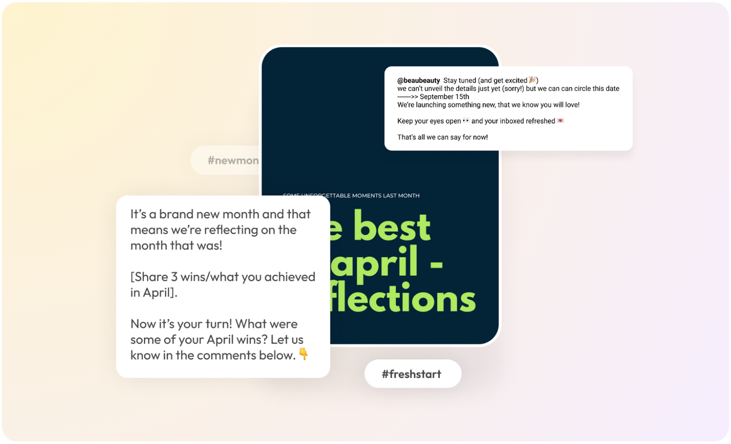 "The best April reflections text surrounded by social media posts highlighting monthly achievements, upcoming launches, and follower engagement with hashtags #newmonth and #freshstart, emphasizing reflection and new beginnings, ideal for a social media planner" | plannthat.com