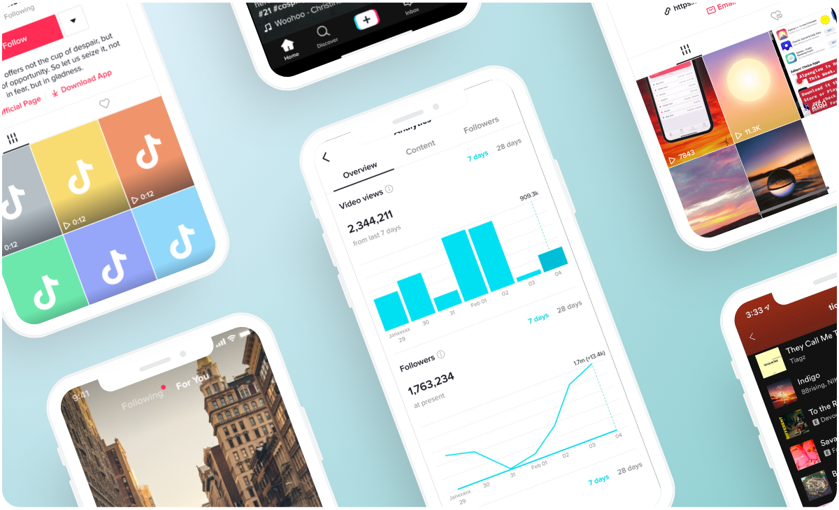 Multiple smartphone screens displaying various social media apps, analytics, and content, with a central phone screen featuring a detailed analytics dashboard with graphs and statistics, surrounded by different app interfaces and content previews, highlighting the use of a social media scheduler | plannthat.com