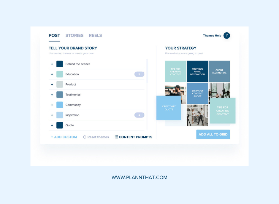 Plann's visual planner tool for creating content pillars