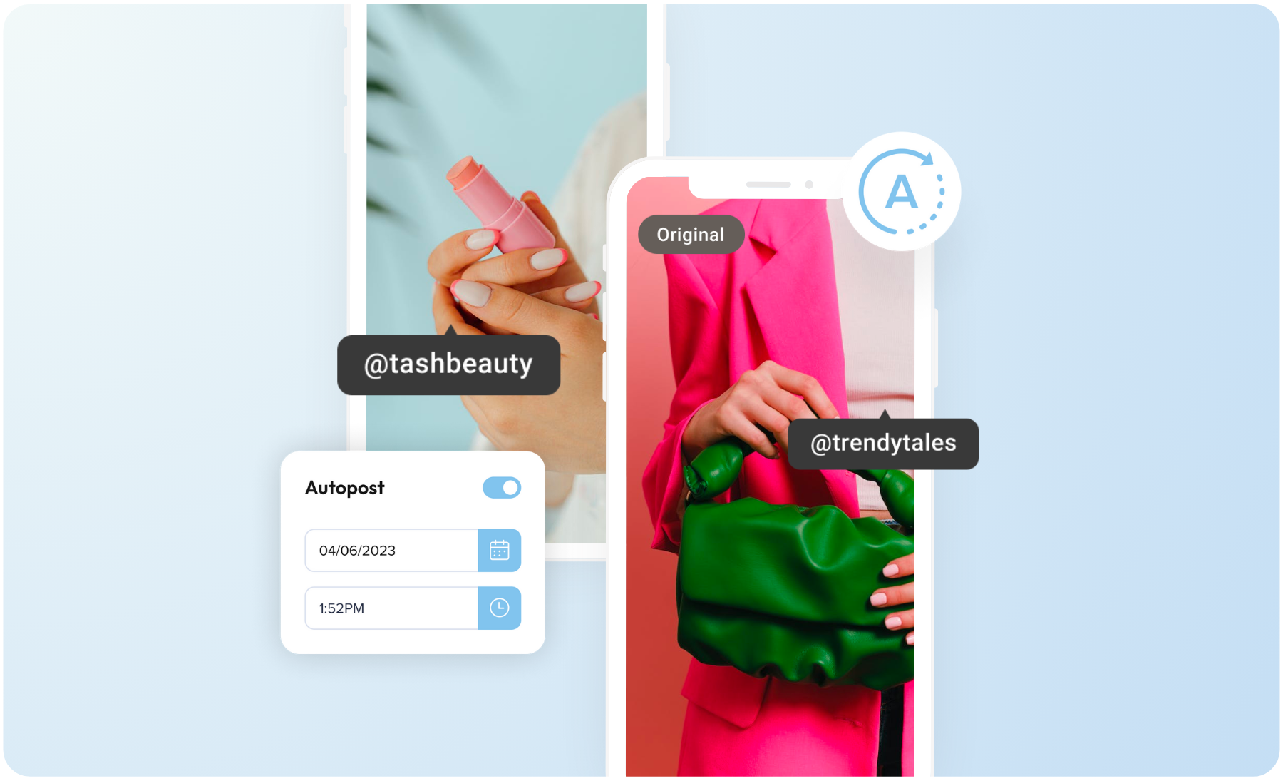 Phone screen displaying social media posts featuring beauty and fashion products from "@tashbeauty" and "@trendytales" with an "Autopost" feature showing date and time, highlighting Plann's auto-posting capability for creator accounts using a social media scheduler | plannthat.com
