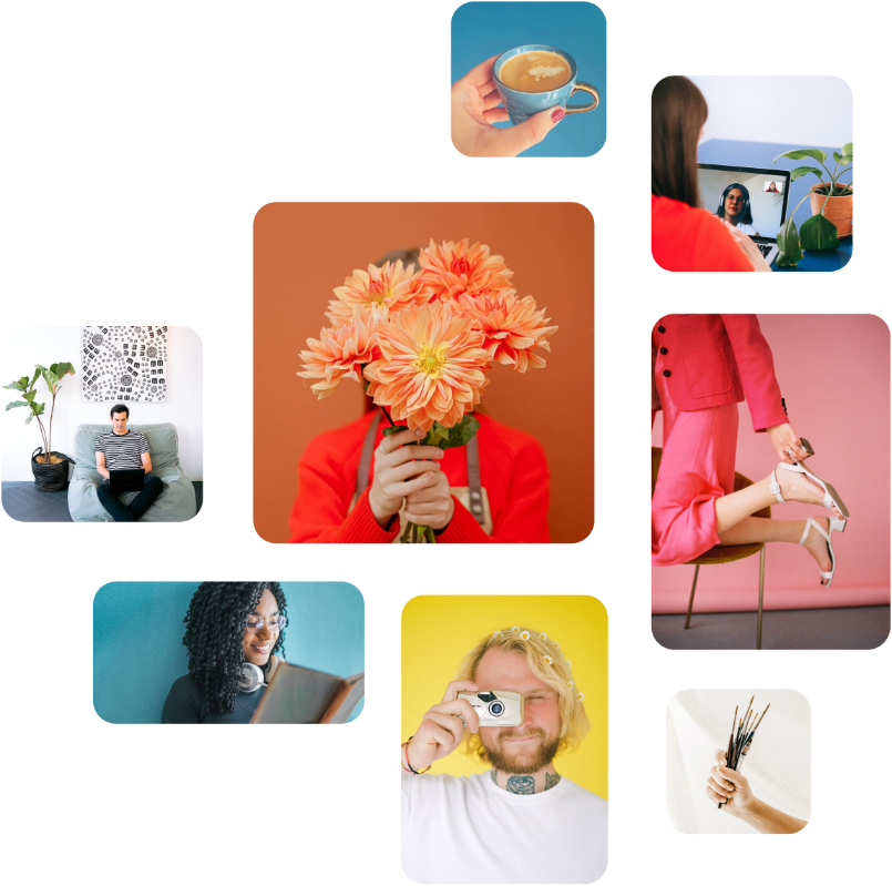 A collage of diverse activities: holding a cup of coffee, video calling, sitting on a couch, holding flowers, adjusting shoes, reading, taking photos, and holding paintbrushes, showcasing moments perfect for a social media scheduler | plannthat.com A collage of diverse activities: holding a cup of coffee, video calling, sitting on a couch, holding flowers, adjusting shoes, reading, taking photos, and holding paintbrushes, showcasing moments perfect for a social media scheduler | plannthat.com