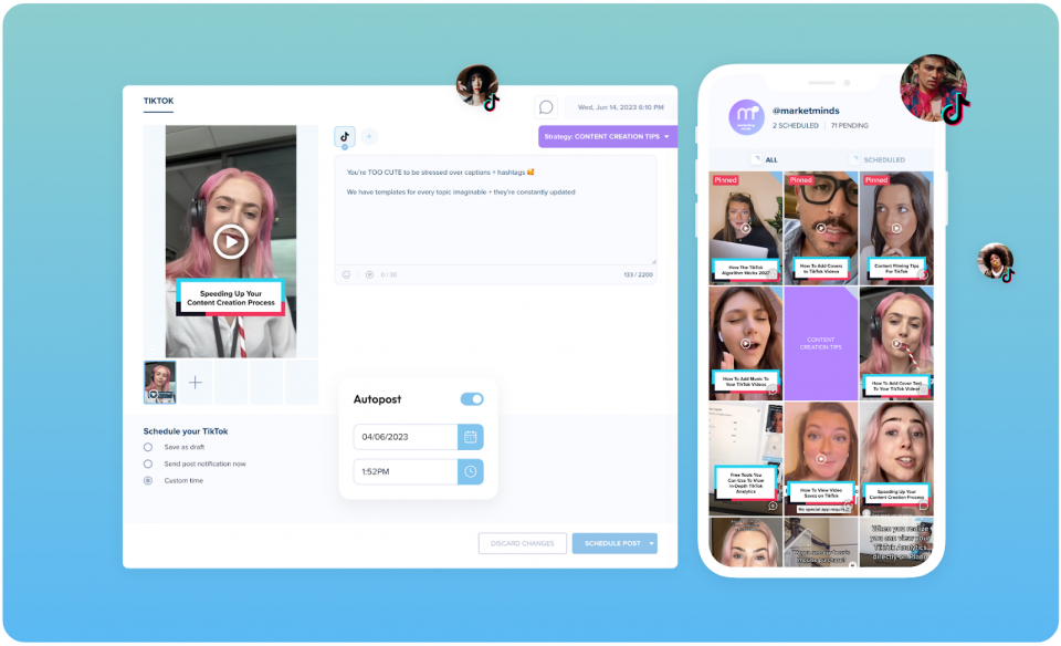 Screenshot of a TikTok content scheduling tool displaying a video in editing mode on the left and a grid of scheduled posts on the right, with options for auto-posting, drafting, and custom time settings visible | Social media scheduler | plannthat.com