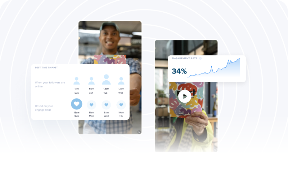 Person holding a phone with social media analytics; left image shows best times to post, right image displays engagement rate graph at 34% | Social media scheduler | plannthat.com