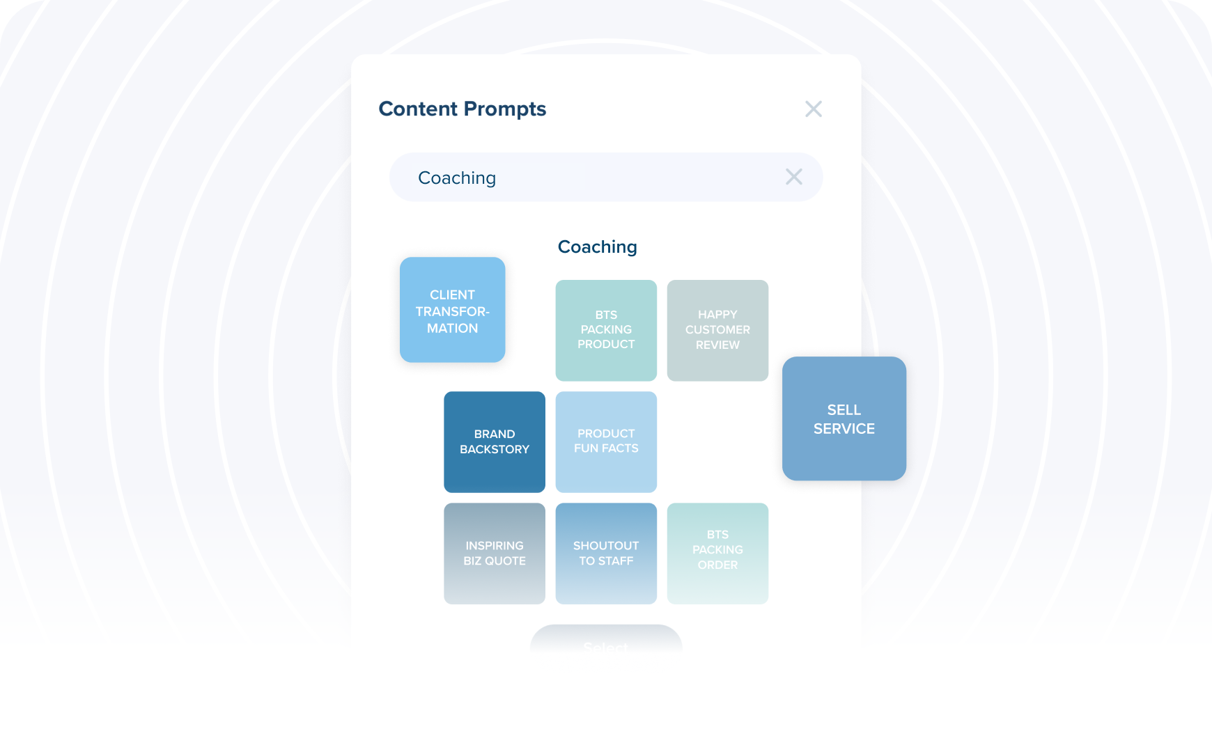 User interface titled "Content Prompts" with a search bar for "Coaching" and buttons labeled "Client Transformation," "Sell Service," and "Brand Backstory," useful for a social media scheduler | plannthat.com