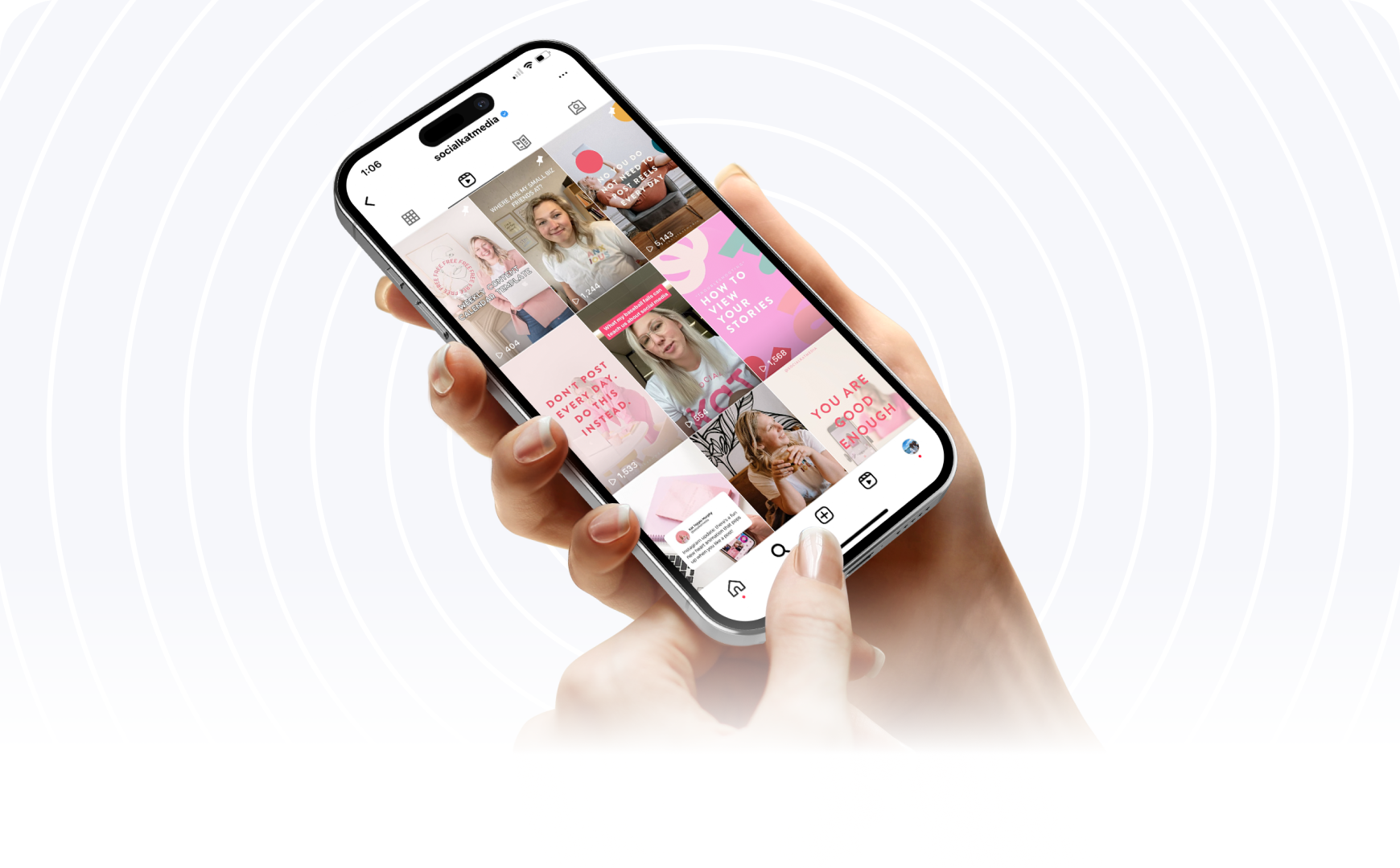 A hand holding a smartphone displaying a social media app with various posts, set against a background of subtle concentric circles, emphasizing social media engagement and content creation on a mobile device using a social media scheduler | plannthat.com