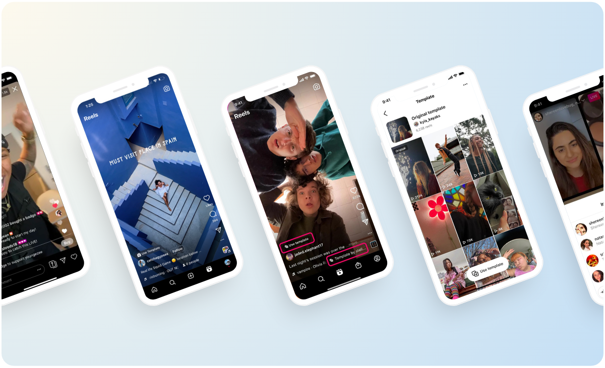 Five smartphones display various Instagram features, including Reels, Stories, and the Explore page, showcasing videos, photos, and user interactions against a gradient light blue and beige background | Instagram scheduler | plannthat.com