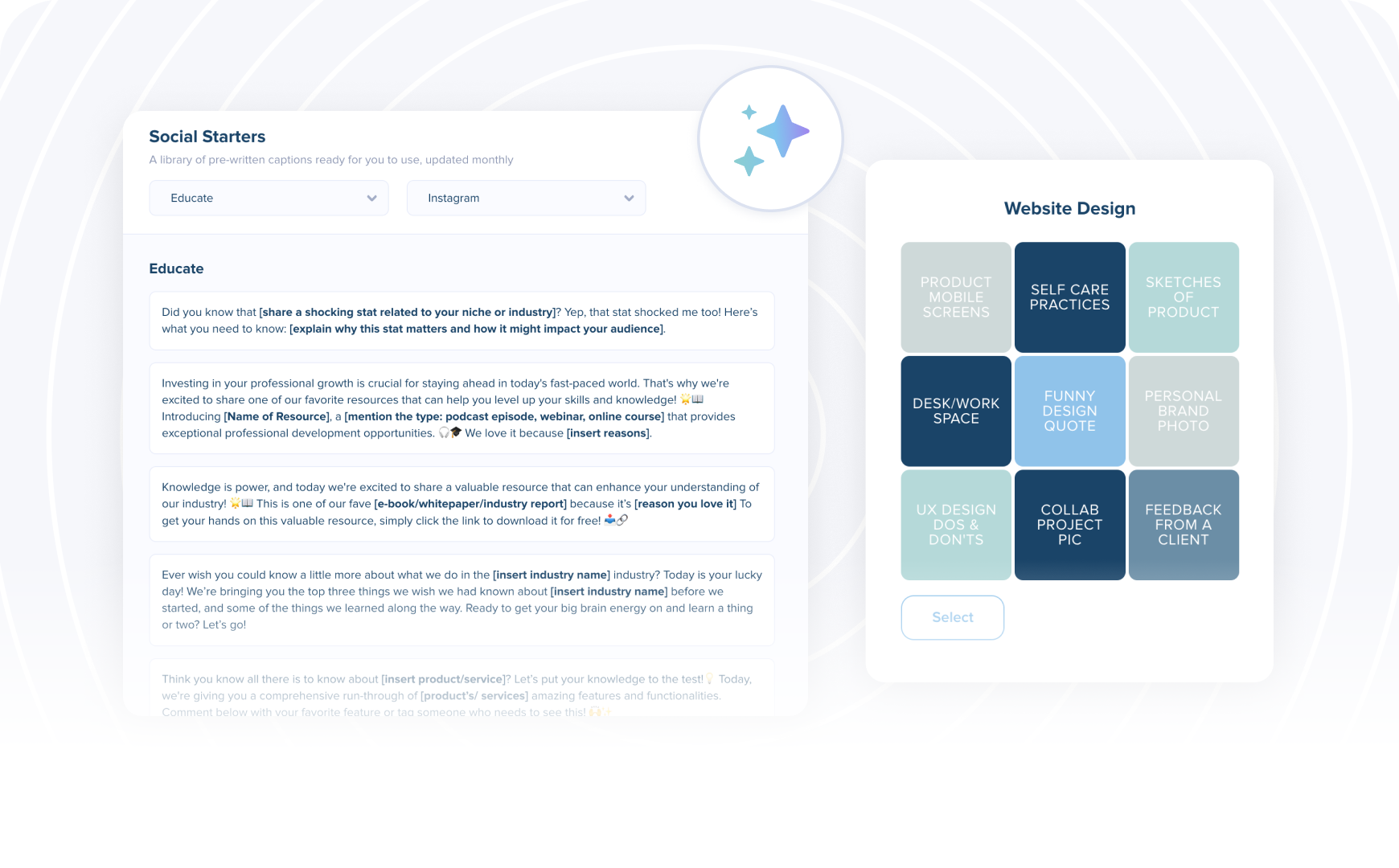 Social media strategy template with sections for "Educate" and "Website Design," dropdown menu for selecting social platforms, and content ideas like "Product Movie Series" and "Self Care Practices" in a grid layout | Social media planner | plannthat.com