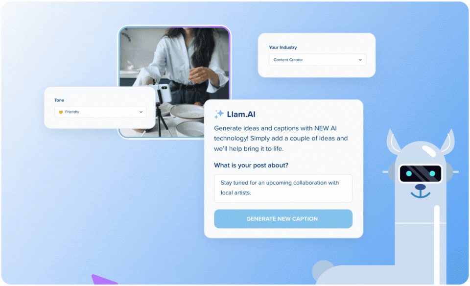 Llam.AI interface for generating ideas and captions using AI, with options to select tone and industry. A woman is filming in the background, and a llama character is present on the right | plannthat.com Llam.AI interface for generating ideas and captions using AI, with options to select tone and industry. A woman is filming in the background, and a llama character is present on the right | plannthat.com