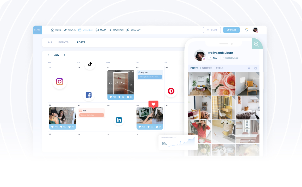 A digital workspace showing a social media content calendar with scheduled posts for Instagram, Facebook, and LinkedIn. A mobile phone displays a social media profile with various posts. The interface is clean and user-friendly, highlighting the efficiency of a social media scheduler. | plannthat.com