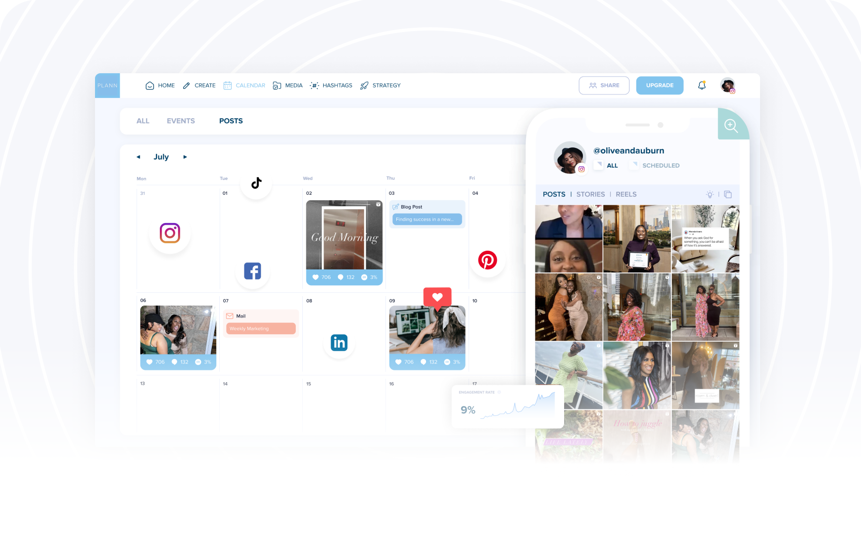 Social media scheduler dashboard displaying a calendar with scheduled posts and a mobile preview of an Instagram profile, showcasing various posts and engagement metrics | plannthat.com