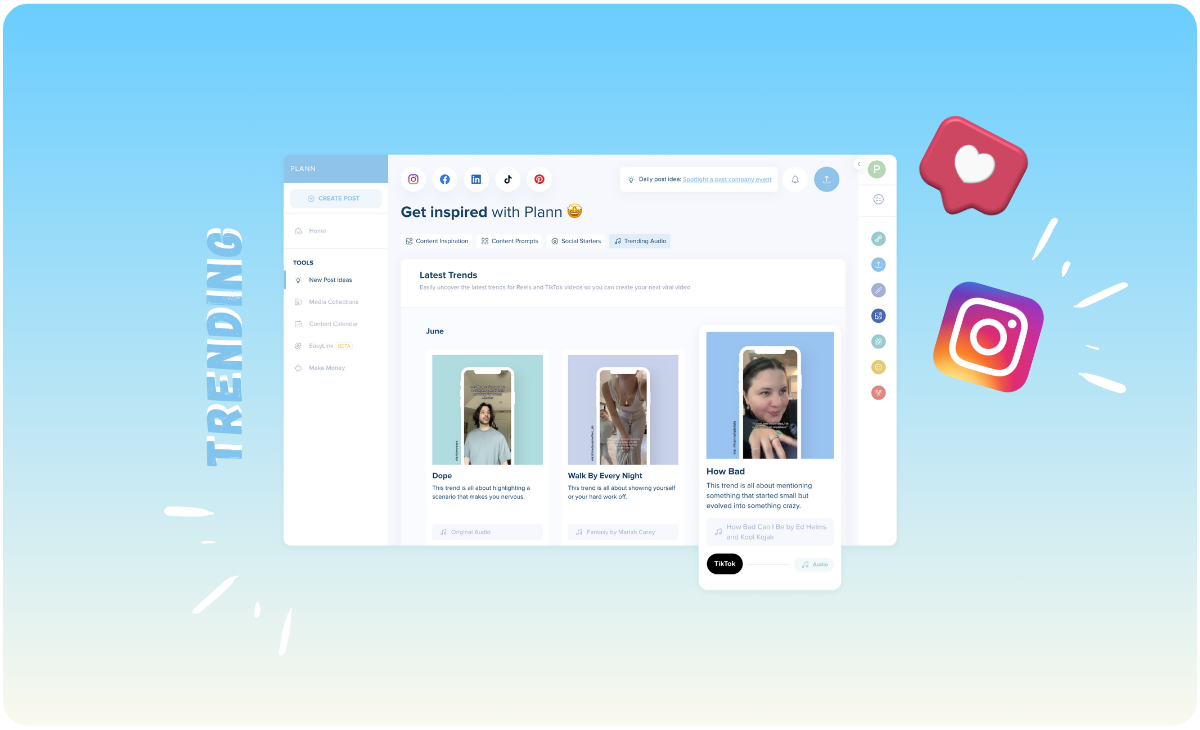 Screenshot of the Plann app interface showing trending content ideas for social media, tools for creating posts, and icons for various platforms on a gradient blue background with Instagram and heart icons | Social media planner | plannthat.com