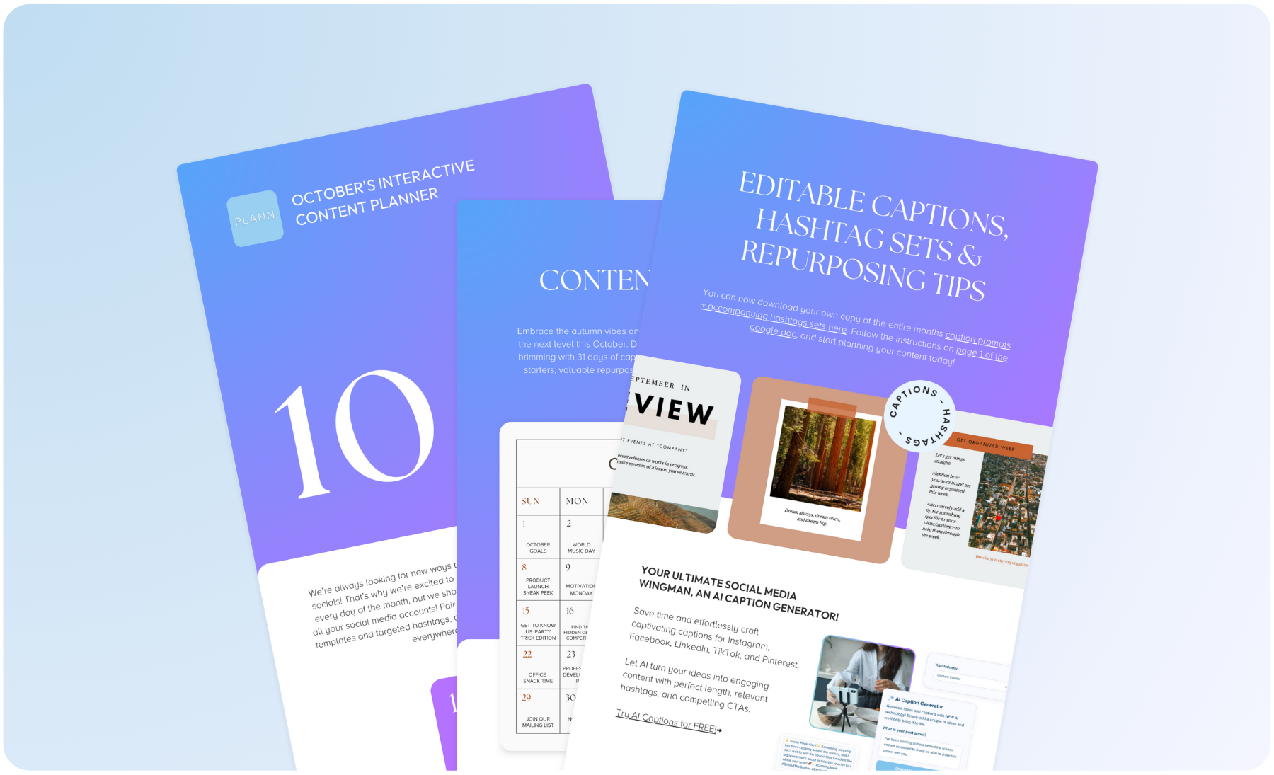 Three overlapping digital planner pages for October featuring content scheduling, editable captions, hashtag sets, and repurposing tips in a sleek, gradient design | Social media scheduler | plannthat.com