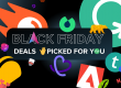 Black Friday deals banner with colorful brand logos and icons, including Grammarly, Adobe, and SEMrush, surrounding the text "Black Friday Deals Picked For You" on a dark background, highlighting a social media scheduler | plannthat.com